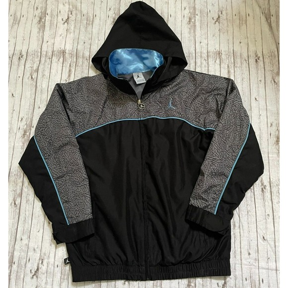 Jordan Boy's Full Zip Jacket Hooded Elephant Print Black Blue Zip Pocket Size M